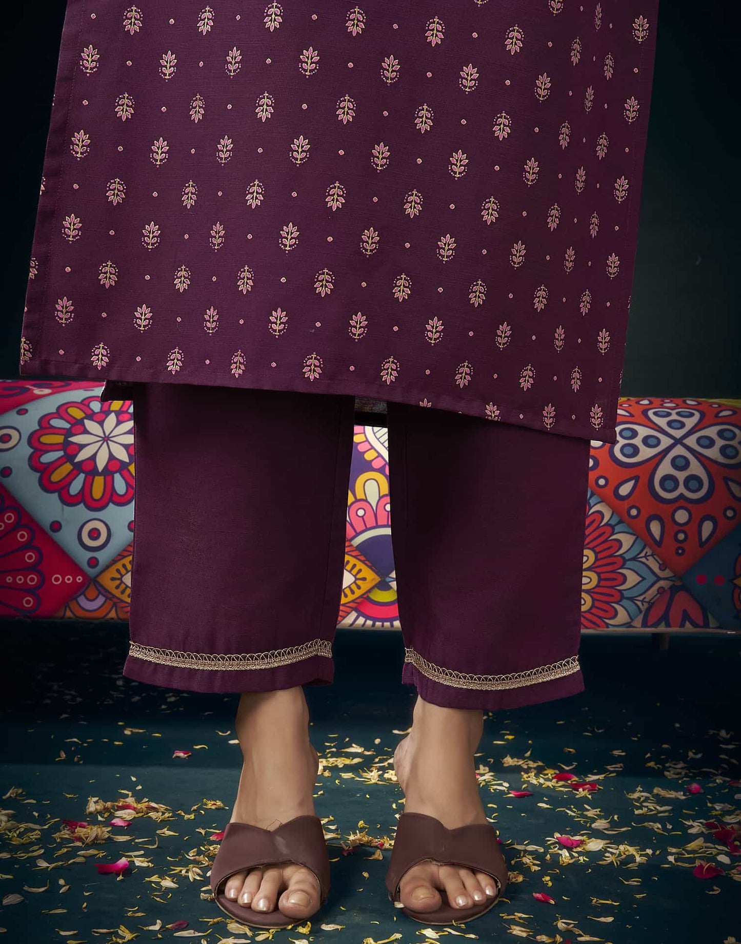 Cotton Blend Printed Straight Kurta with Pant & Dupatta