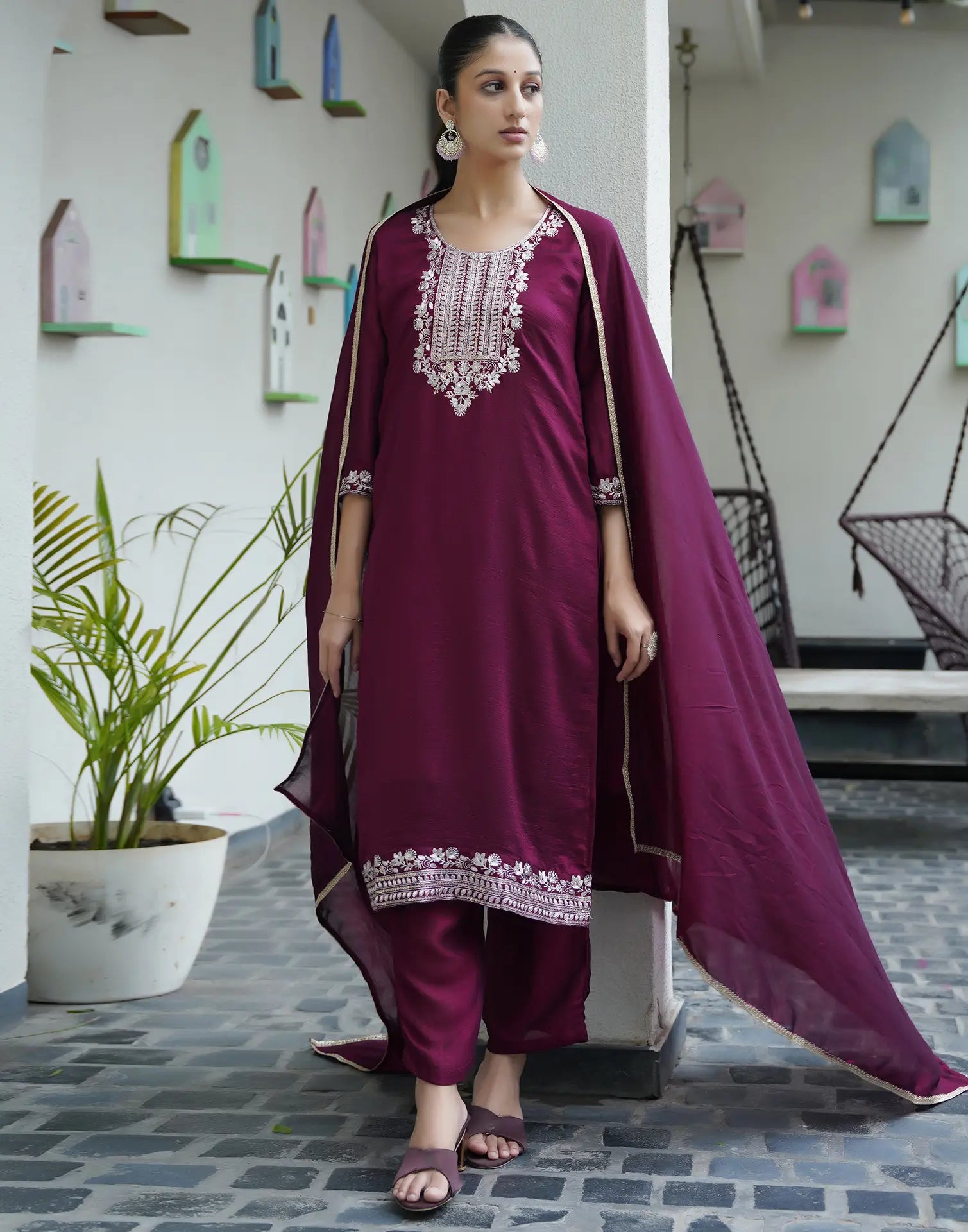 Cotton Blend Embroidered Straight 3 Piece Kurta Set