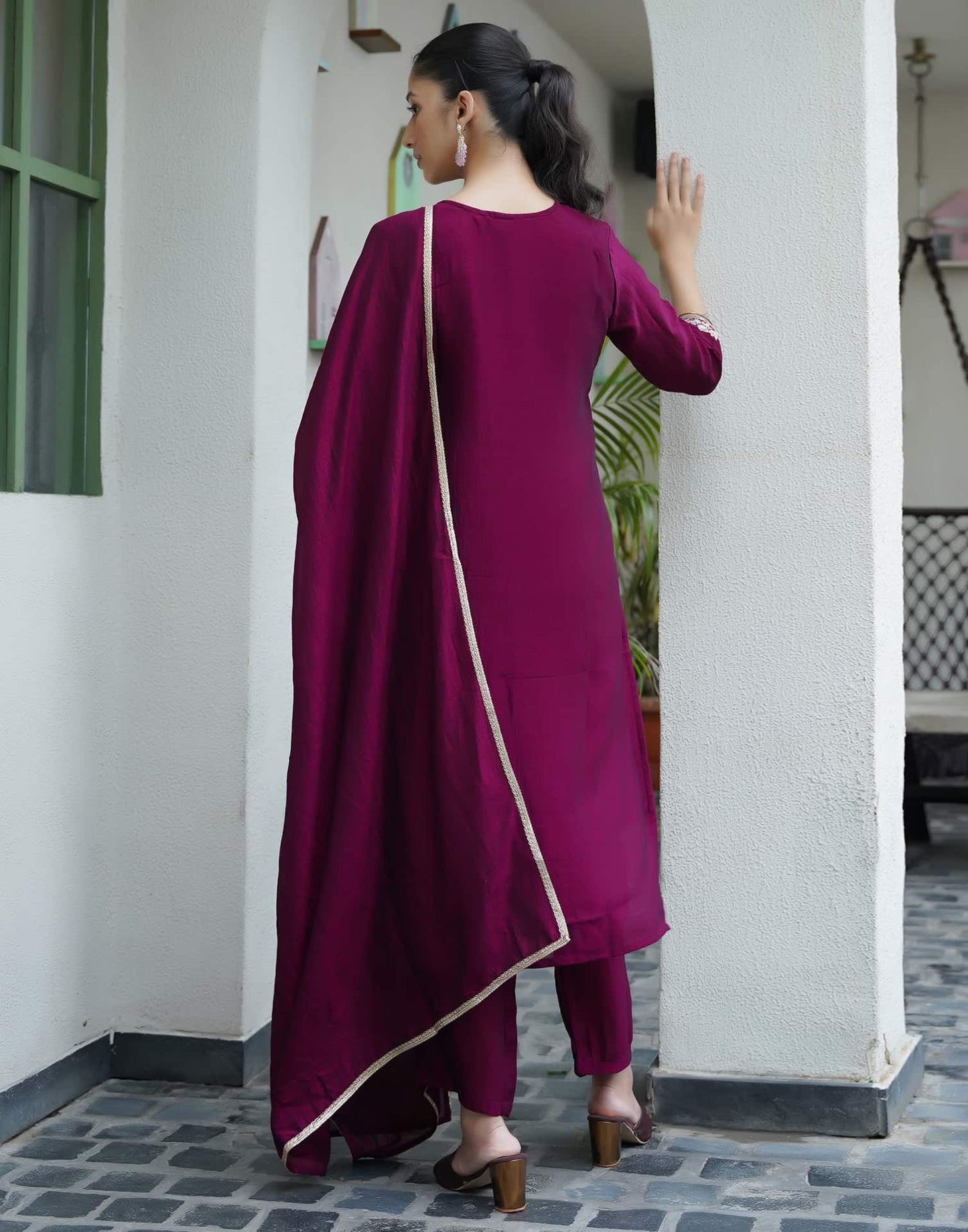 Silk Sequence Straight Kurta with Pant & Dupatta