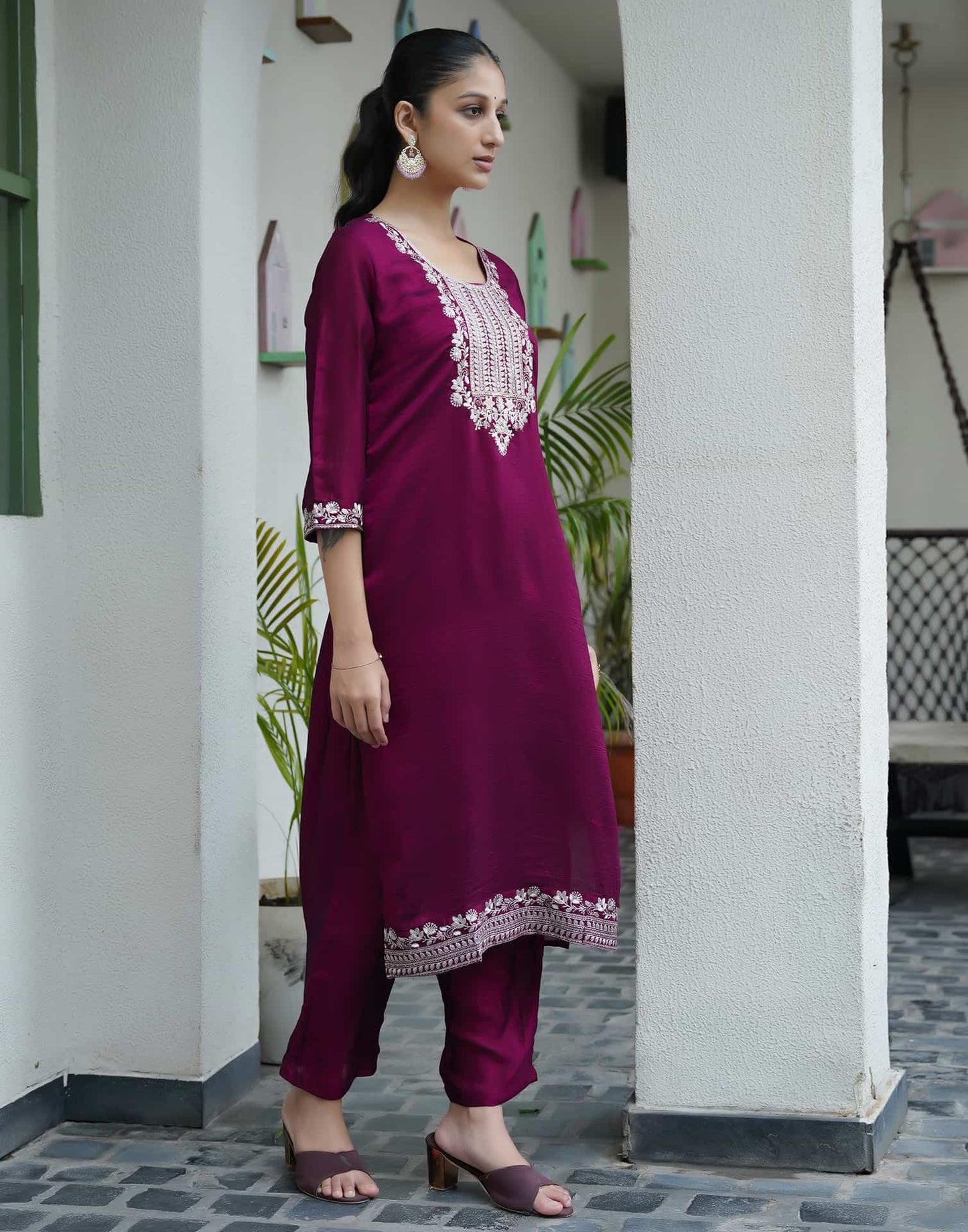 Silk Sequence Straight Kurta with Pant & Dupatta