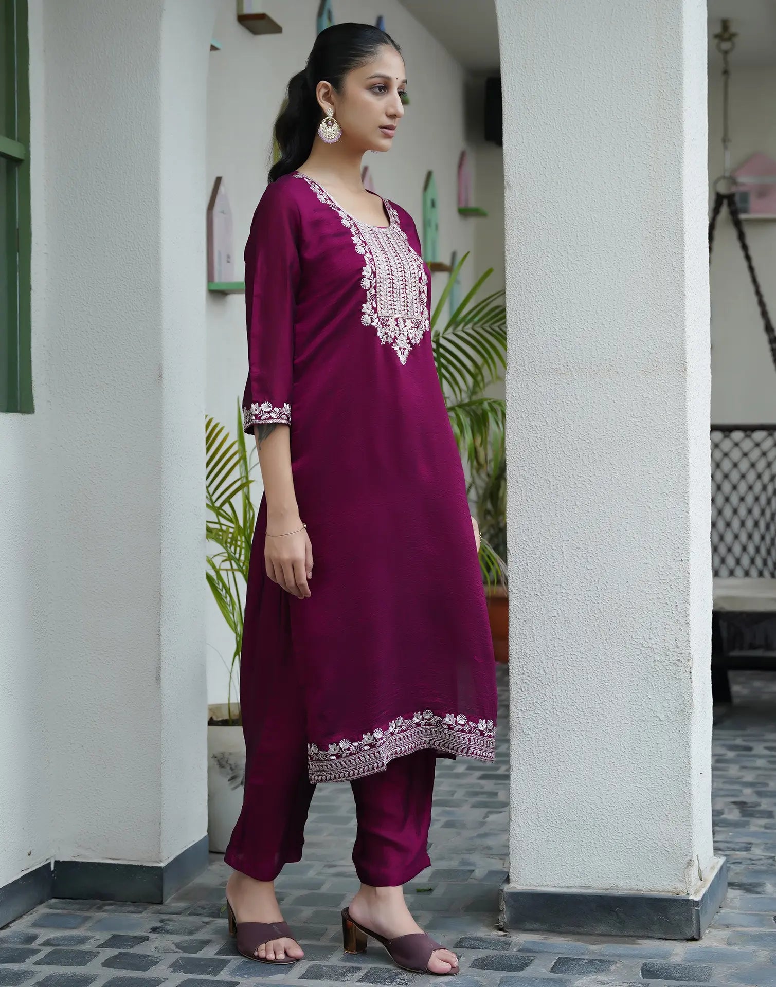 Cotton Blend Embroidered Straight 3 Piece Kurta Set