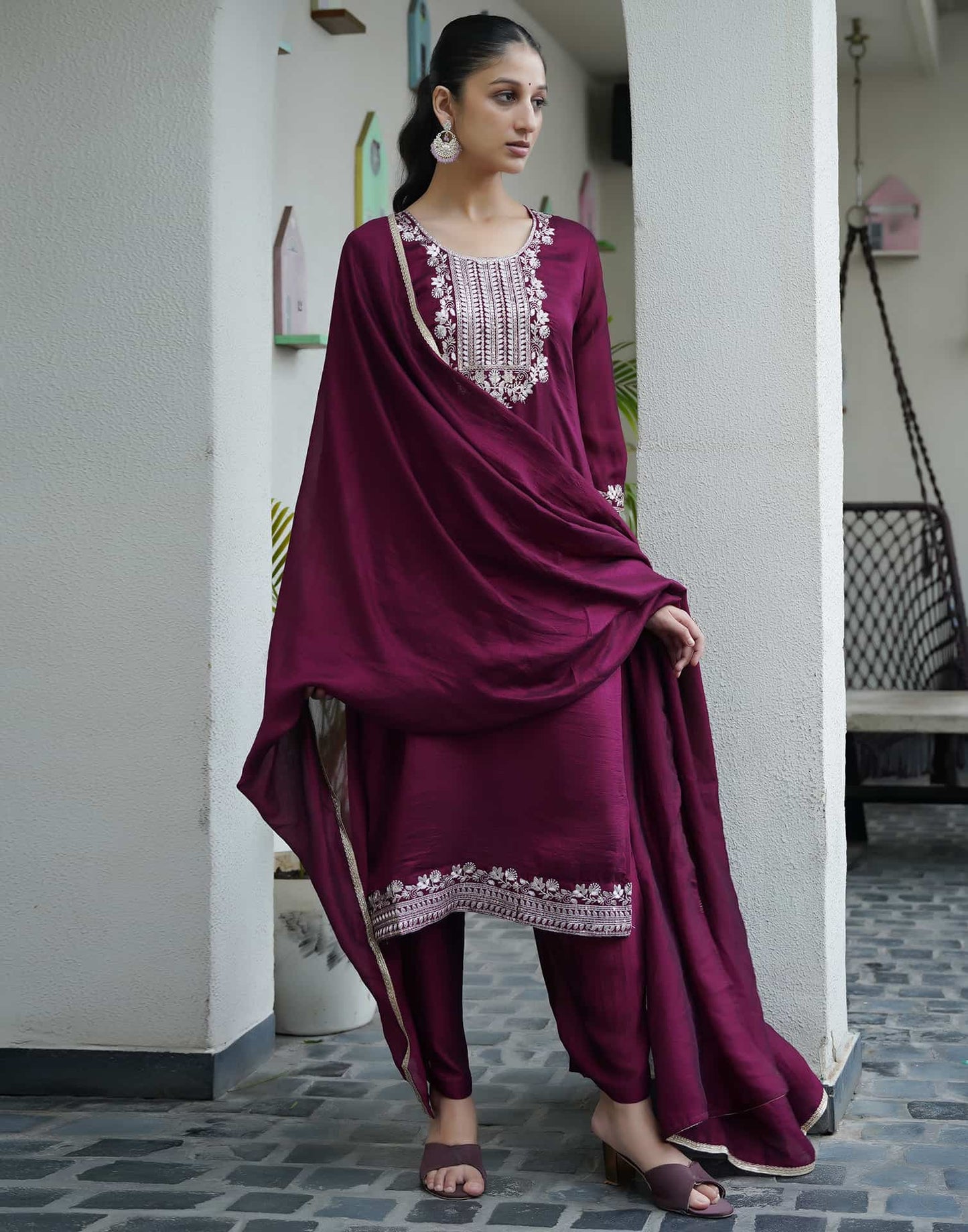 Silk Sequence Straight Kurta with Pant & Dupatta
