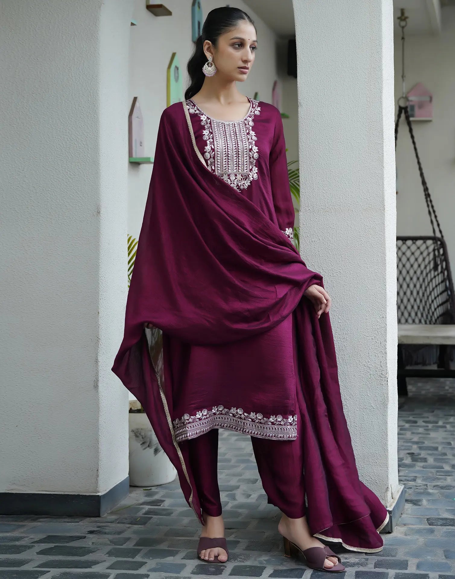 Cotton Blend Embroidered Straight 3 Piece Kurta Set