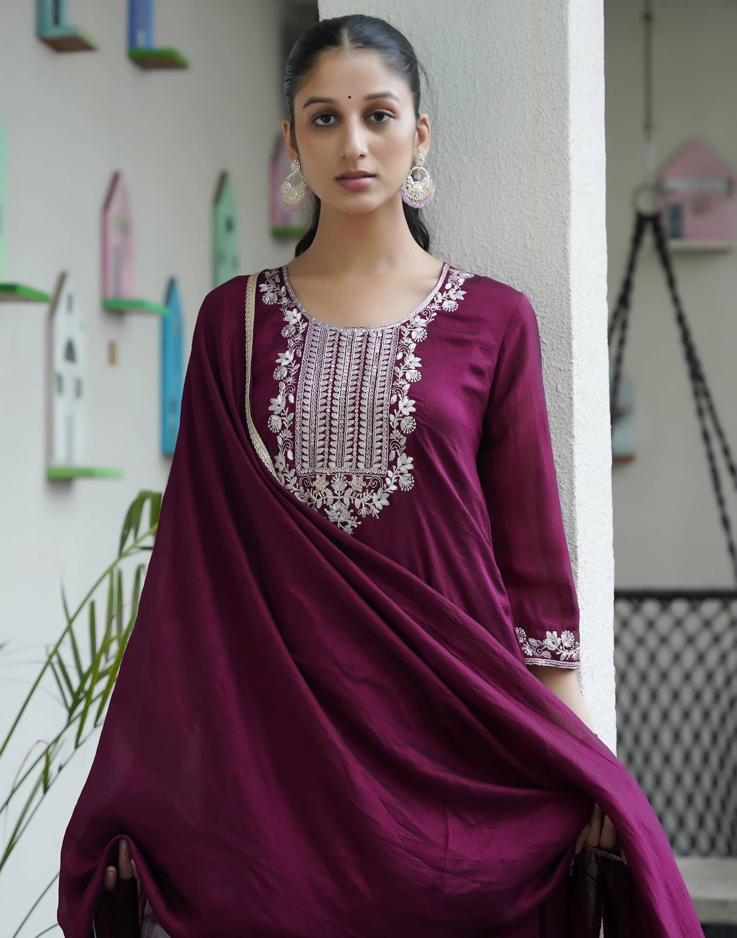 Silk Sequence Straight Kurta with Pant & Dupatta