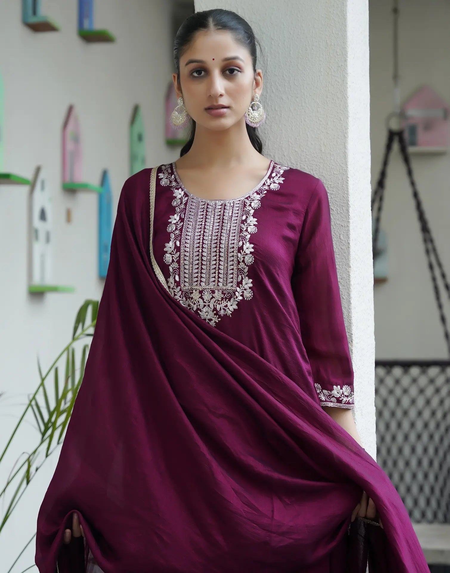 Cotton Blend Embroidered Straight 3 Piece Kurta Set