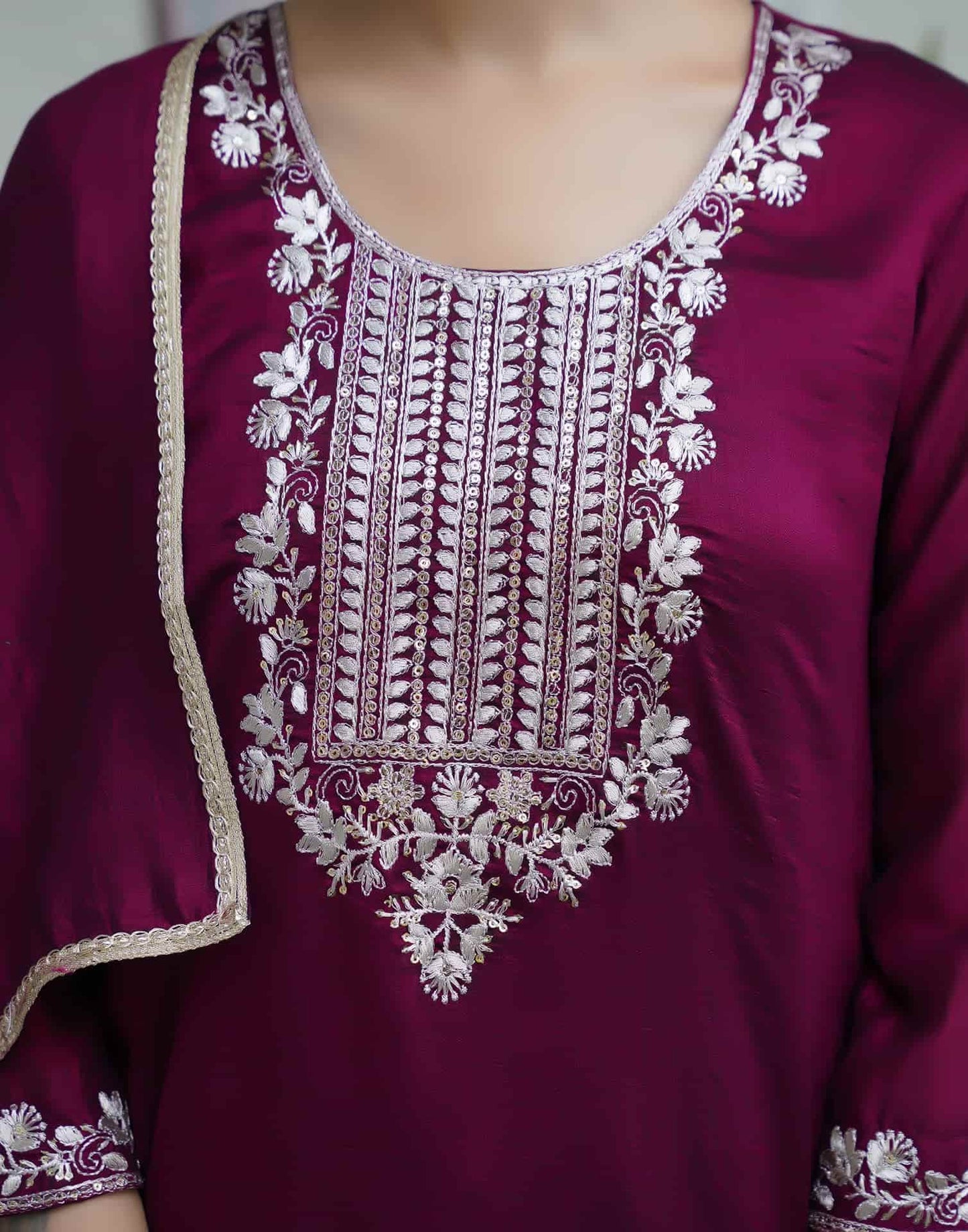Silk Sequence Straight Kurta with Pant & Dupatta