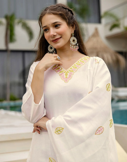 Silk Blend Embroidered Straight Kurta with Pant & Dupatta