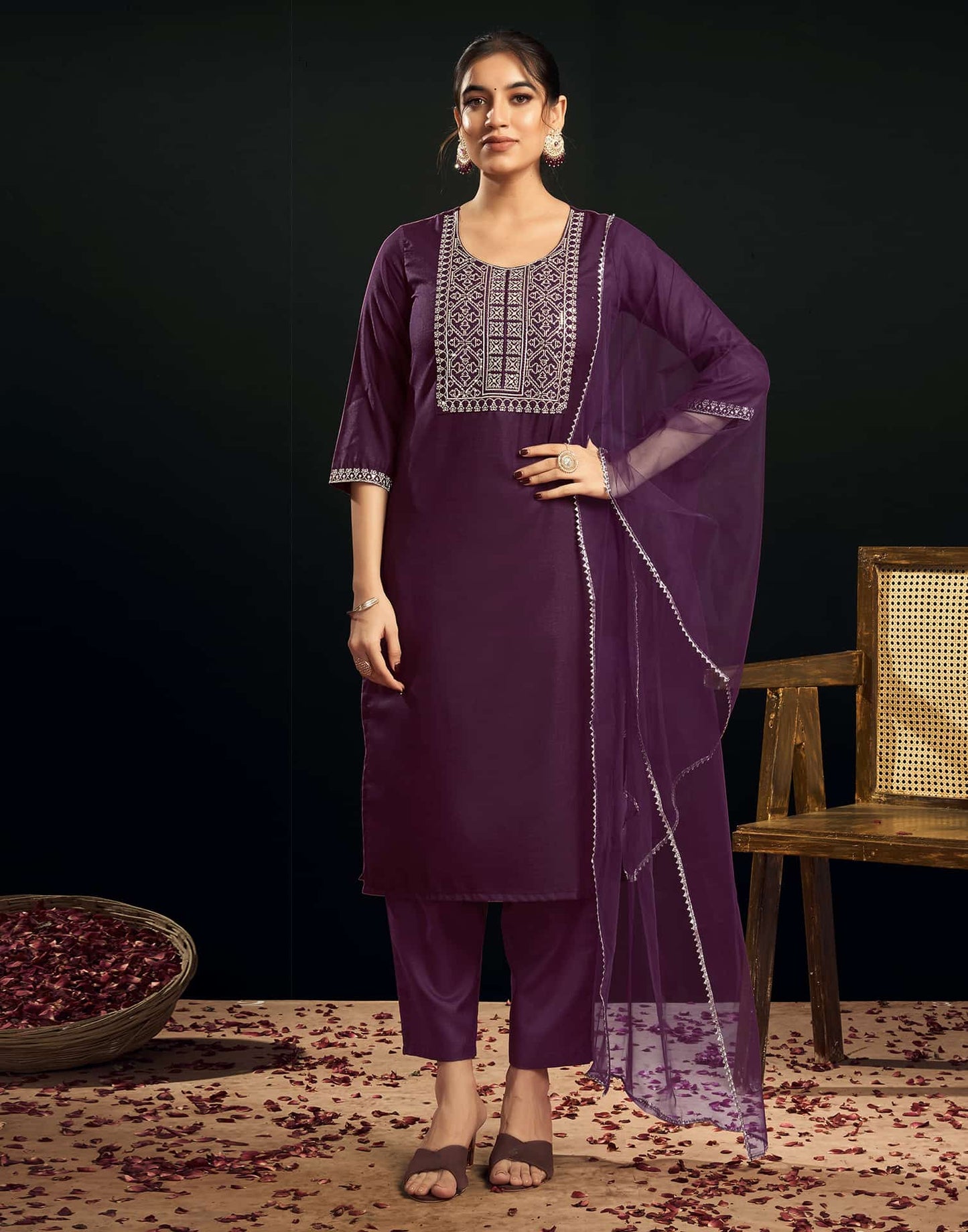 Cotton Blend Embroidery and Sequins Work Straight Kurta with Pant & Dupatta