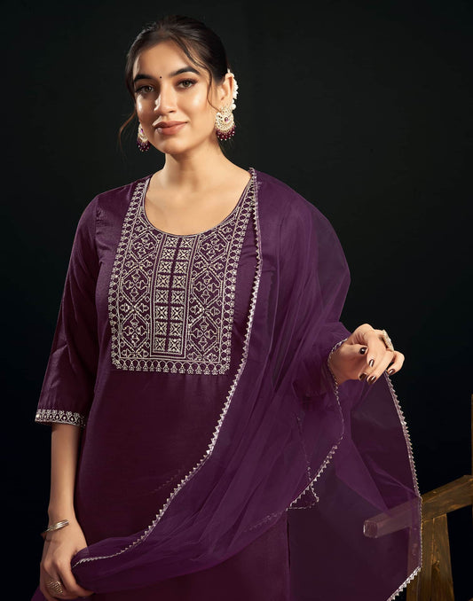 Cotton Blend Embroidery and Sequins Work Straight Kurta with Pant & Dupatta