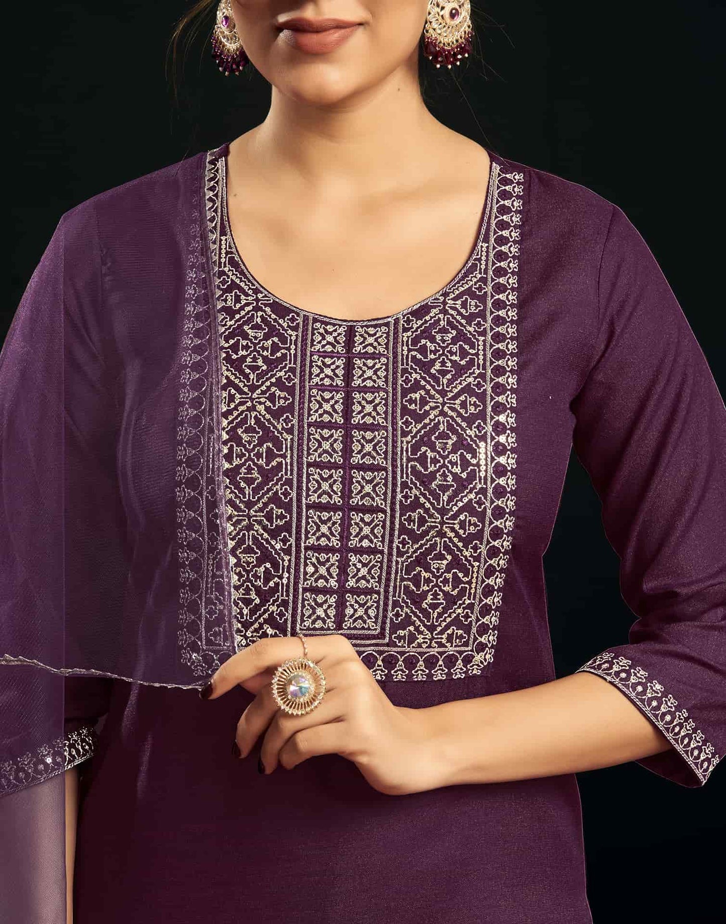 Cotton Blend Embroidery and Sequins Work Straight Kurta with Pant & Dupatta