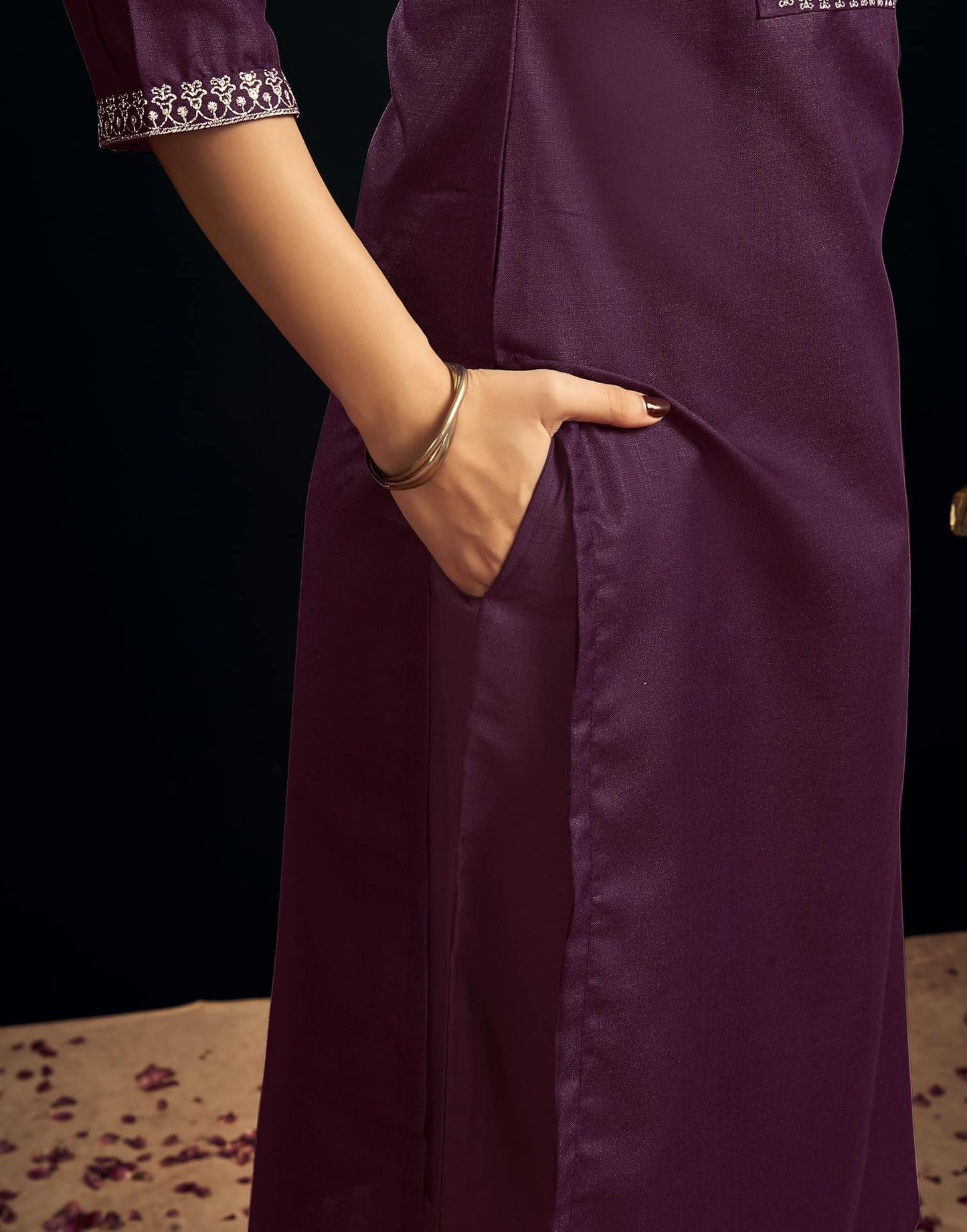 Cotton Blend Embroidery and Sequins Work Straight Kurta with Pant & Dupatta