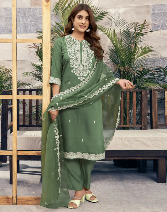 Silk Blend Embroidered Straight 3 Piece Kurta Set