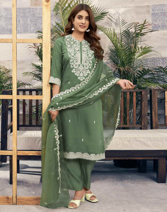 Silk Blend Sequence Embrodery Straight Kurta with Pant & Dupatta