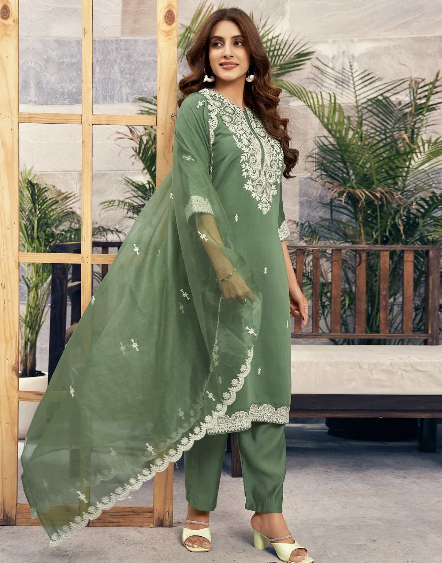 Silk Blend Sequence Embrodery Straight Kurta with Pant & Dupatta