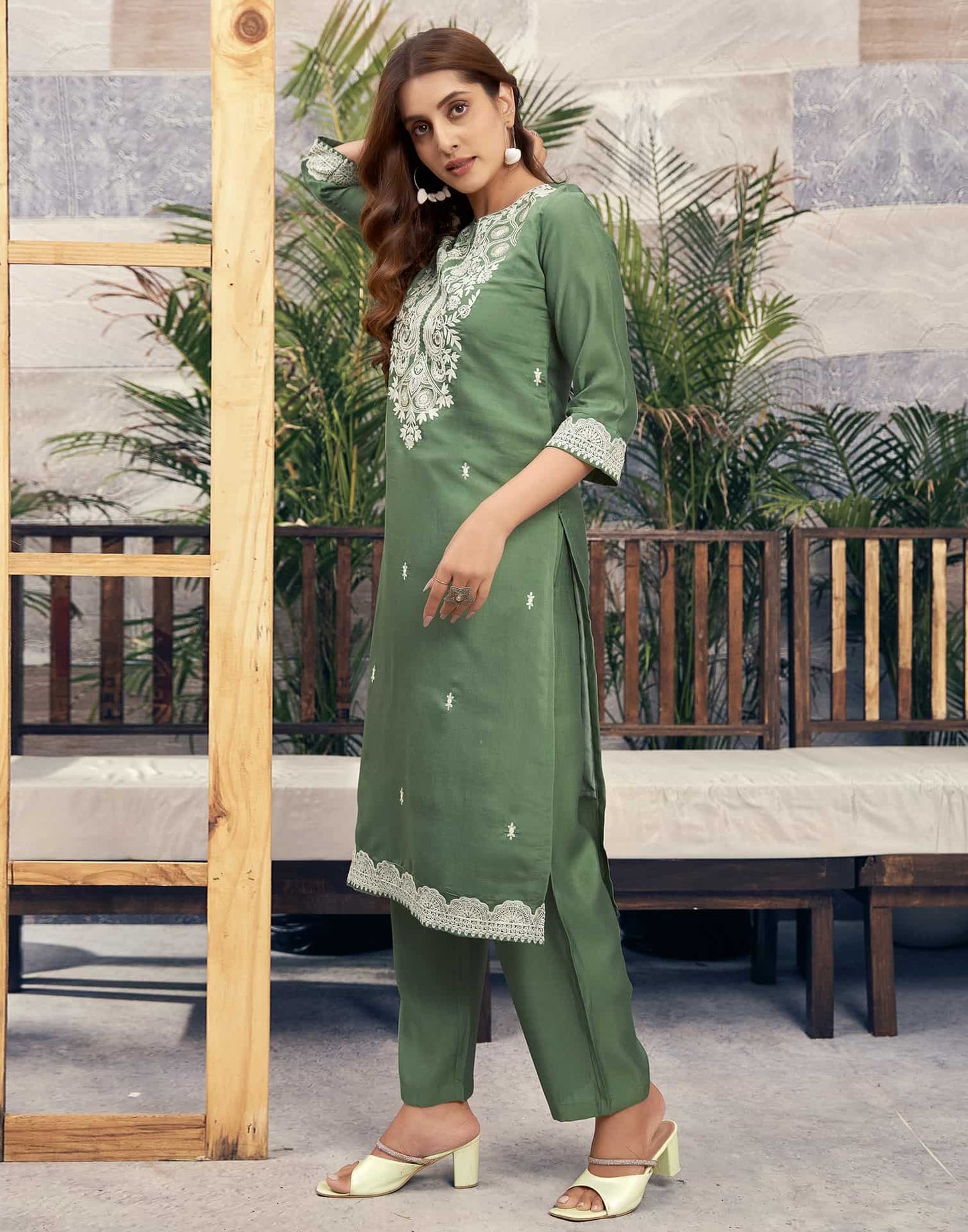 Silk Blend Sequence Embrodery Straight Kurta with Pant & Dupatta
