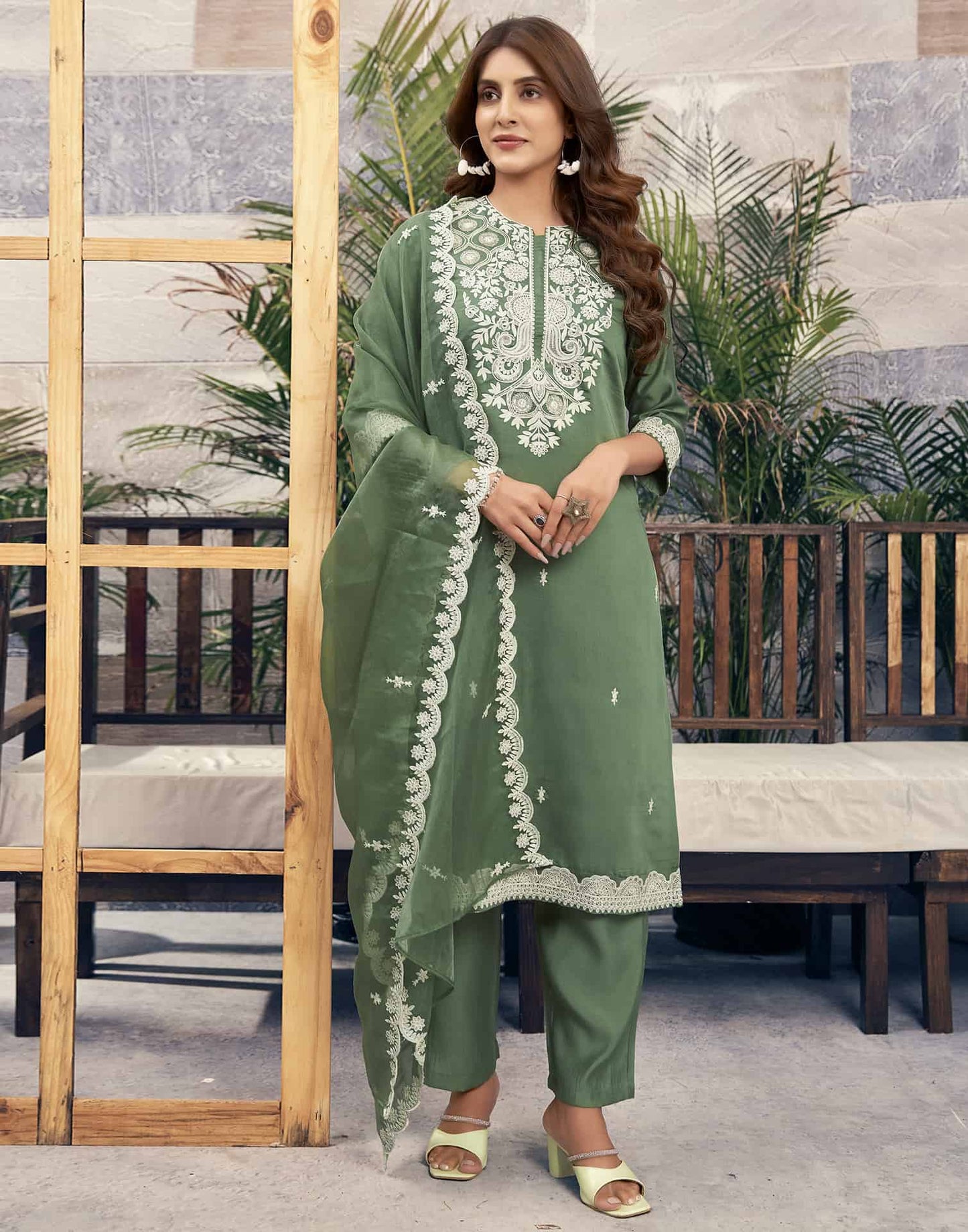 Silk Blend Sequence Embrodery Straight Kurta with Pant & Dupatta