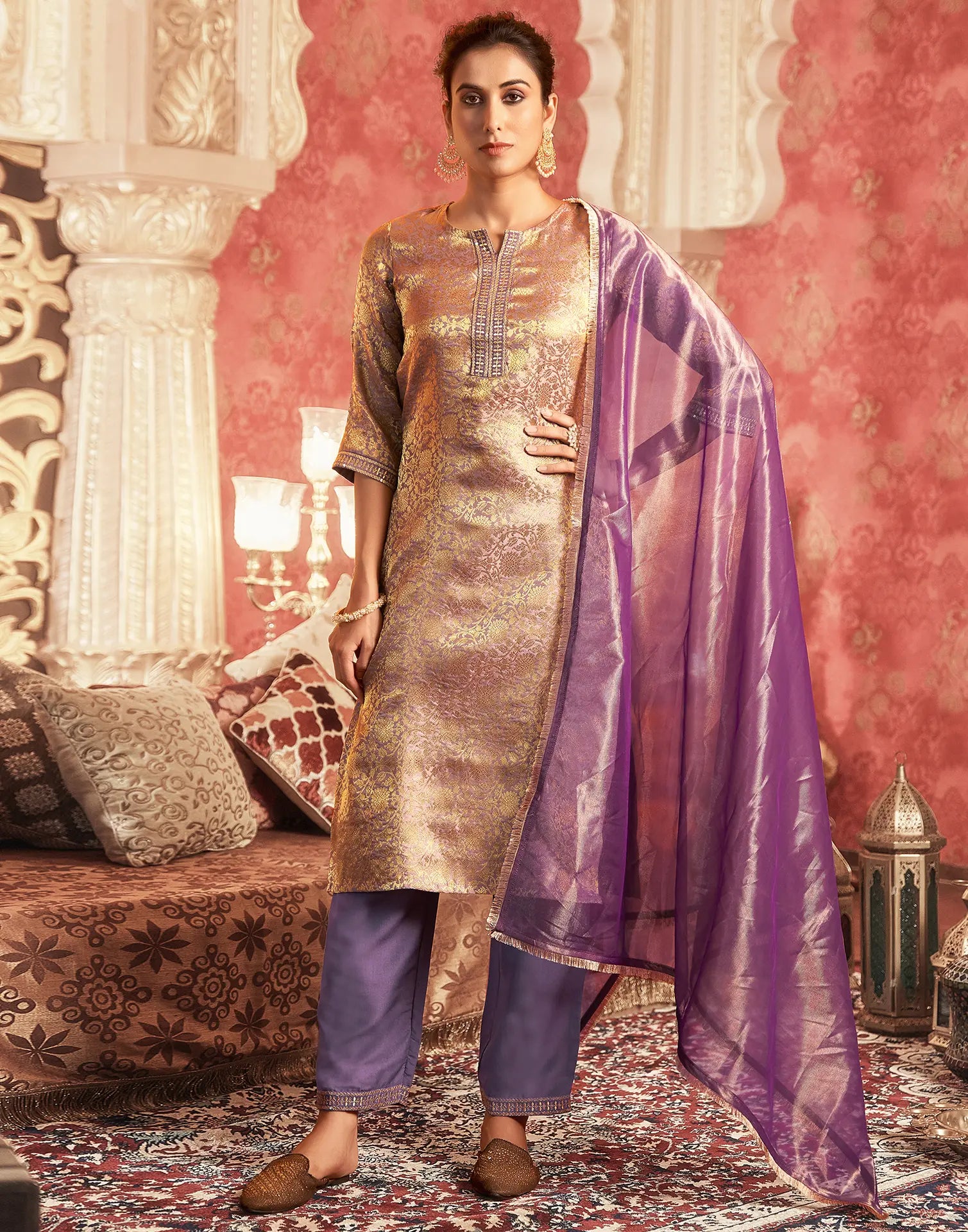 Poly Jacquard Embroidered Straight 3 Piece Kurta Set