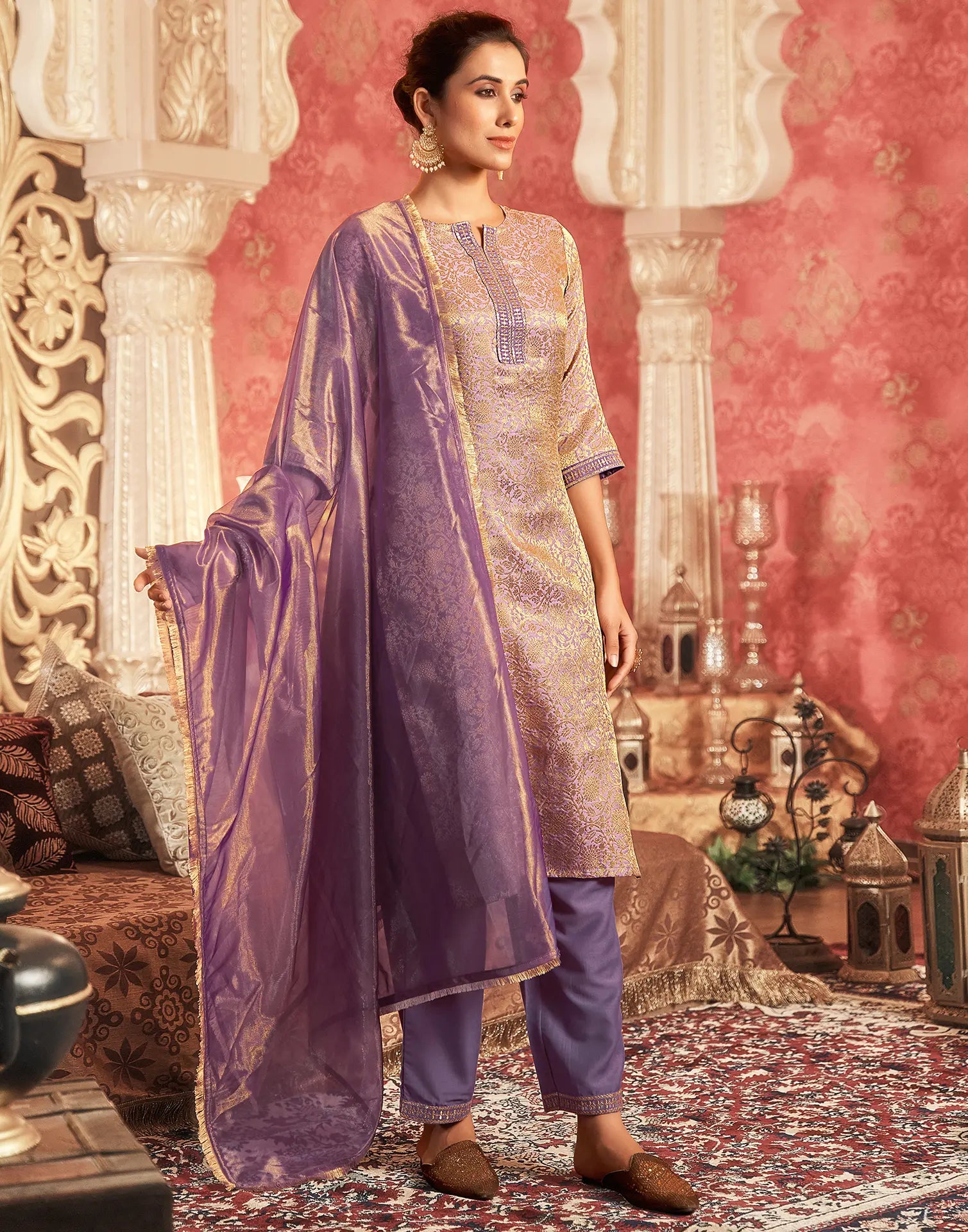 Poly Jacquard Embroidered Straight 3 Piece Kurta Set