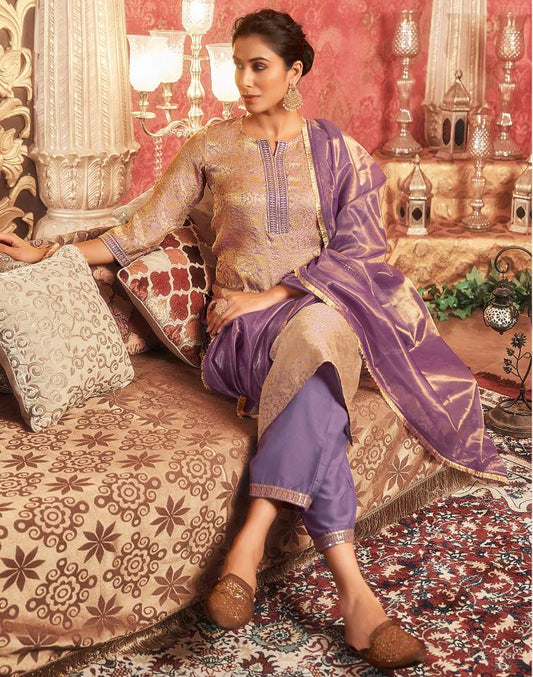 Dusty Purple Silk Plain V Neck 3/4 Sleeve Straight Kurta Set With Pant & Dupatta