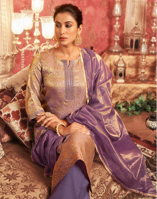 Dusty Purple Silk Plain V Neck 3/4 Sleeve Straight Kurta Set With Pant & Dupatta
