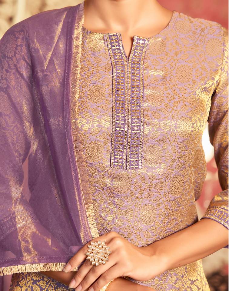 Dusty Purple Silk Plain V Neck 3/4 Sleeve Straight Kurta Set With Pant & Dupatta