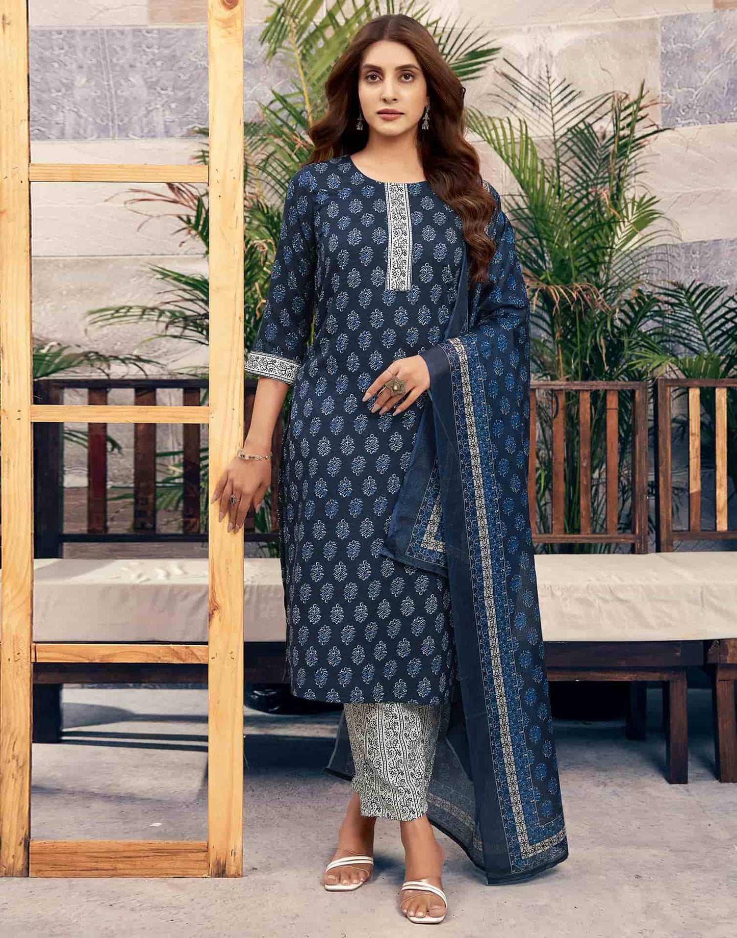 Cotton Floral Printed A-Line Kurta with Pant & Dupatta