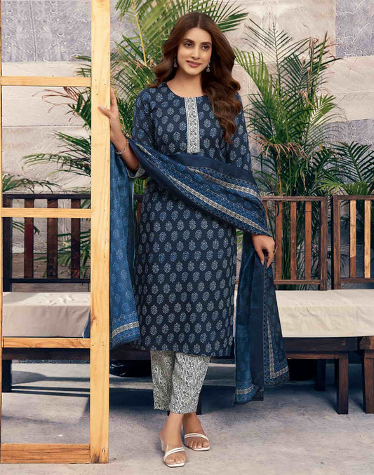 Cotton Floral Printed A-Line Kurta with Pant & Dupatta