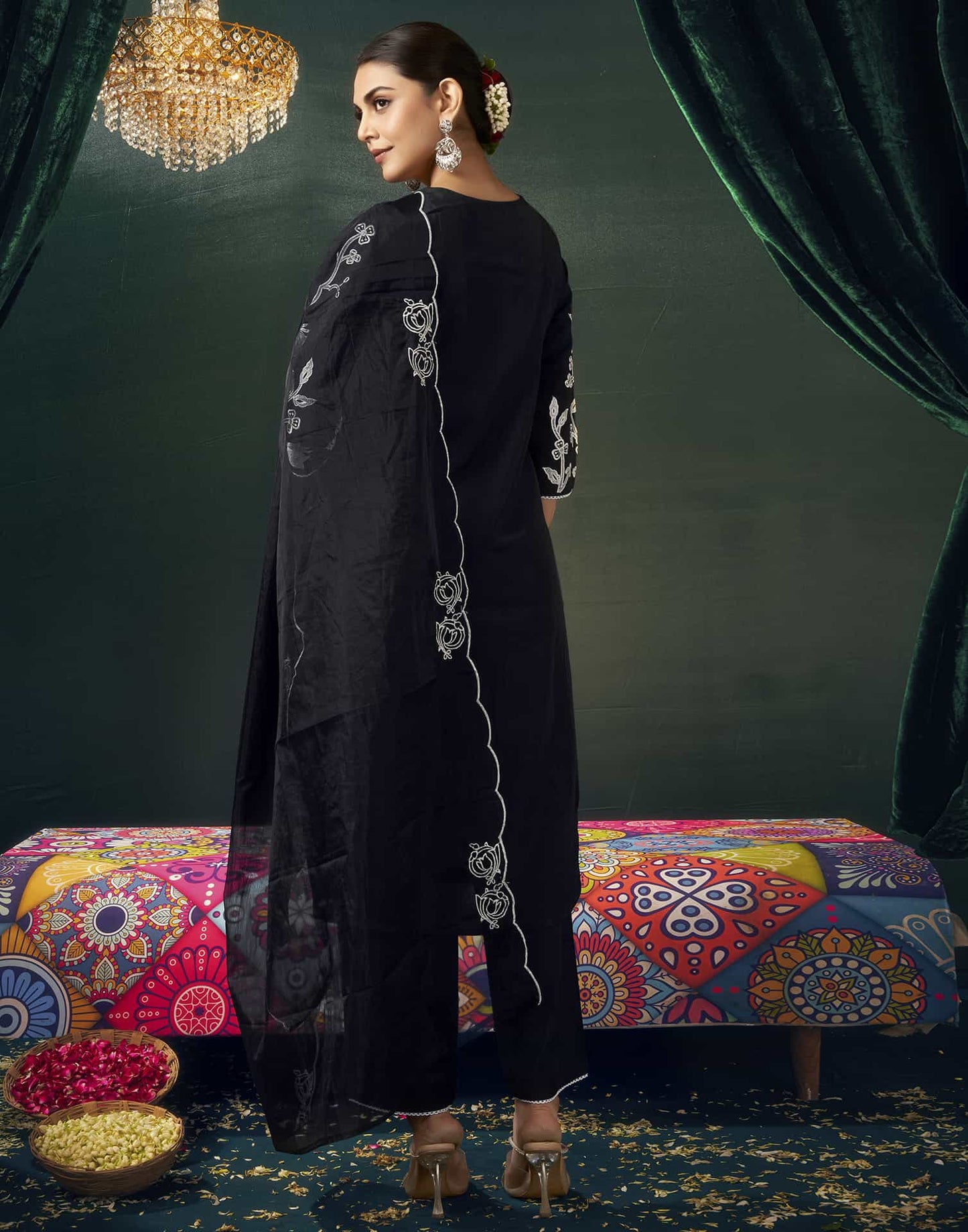 Silk Blend Embroidered Straight Kurta with Pant & Dupatta