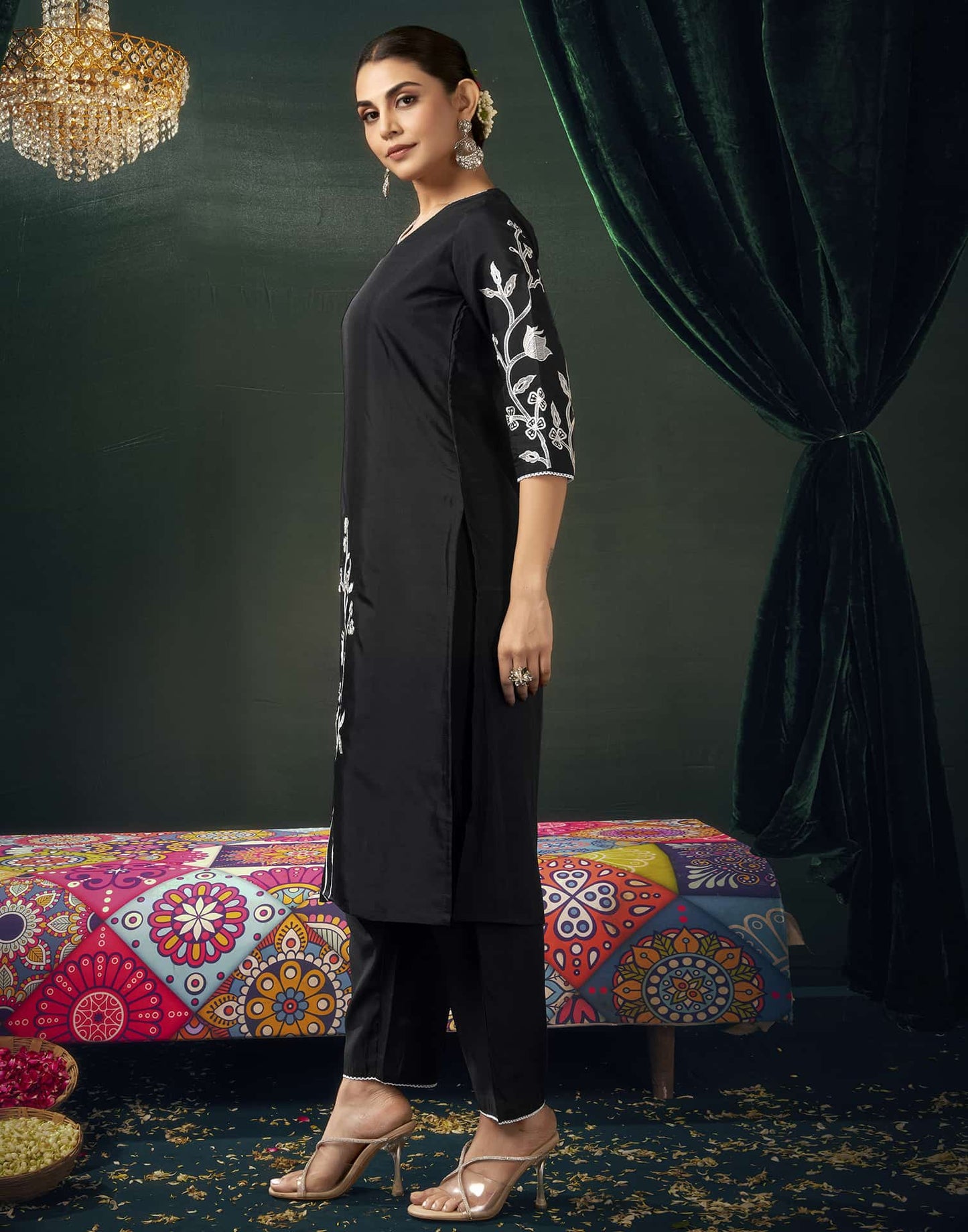 Silk Blend Embroidered Straight Kurta with Pant & Dupatta