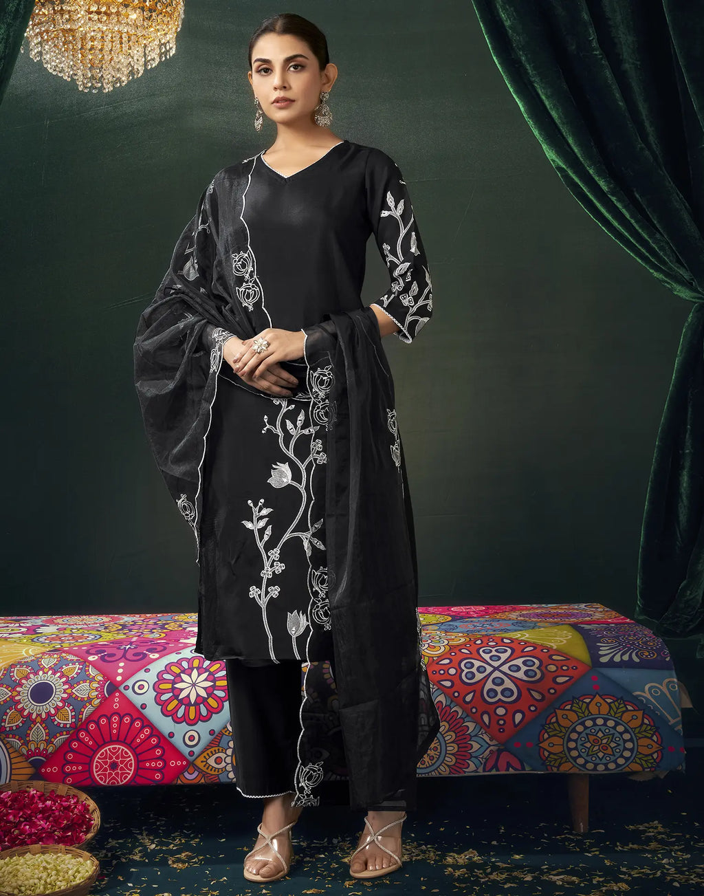 Silk Blend Embroidered Straight 3 Piece Kurta Set