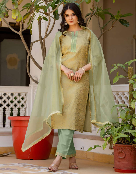 Silk Blend Weaving AndEmbroidery Lace Straight Kurta with Pant & Dupatta