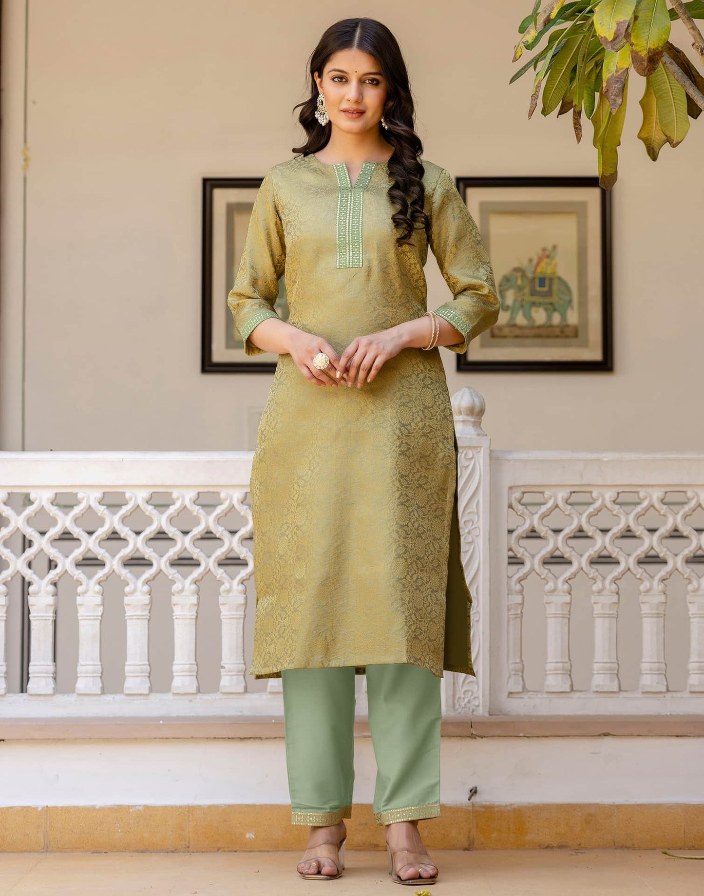 Silk Blend Weaving AndEmbroidery Lace Straight Kurta with Pant & Dupatta