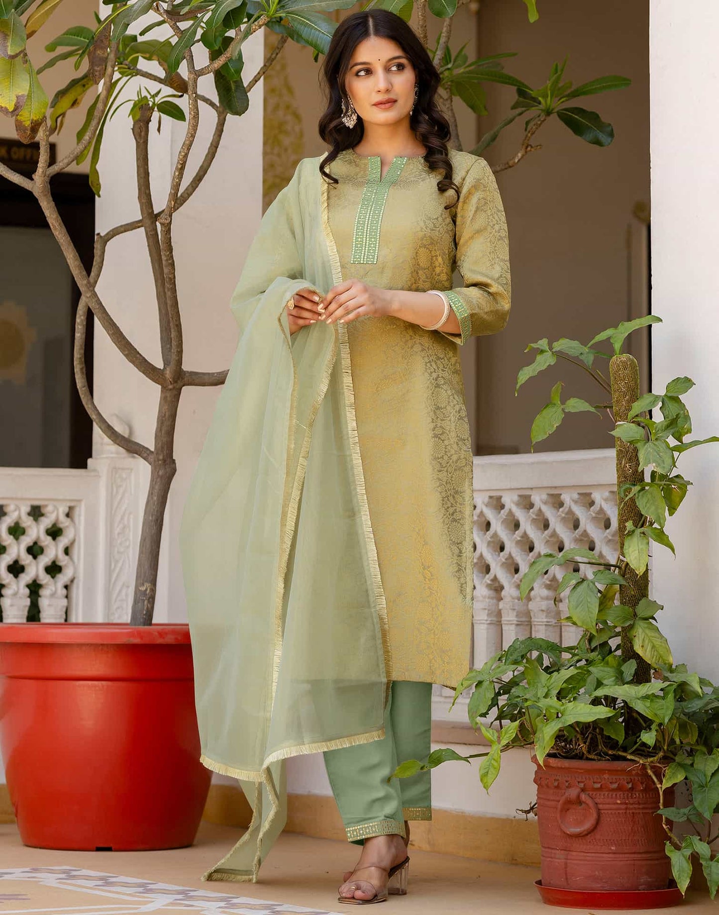 Silk Blend Weaving AndEmbroidery Lace Straight Kurta with Pant & Dupatta