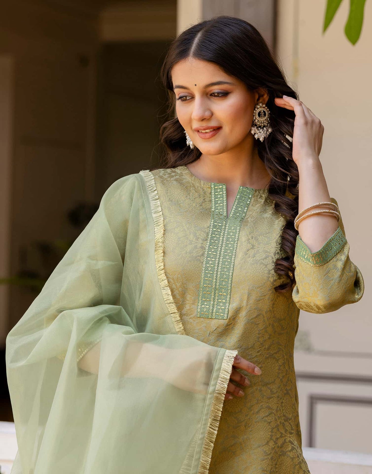 Silk Blend Weaving AndEmbroidery Lace Straight Kurta with Pant & Dupatta