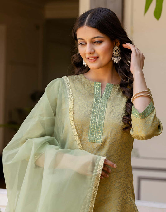 Silk Blend Weaving AndEmbroidery Lace Straight Kurta with Pant & Dupatta