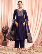 Silk Blend Embroidered A-Line 3 Piece Kurta Set