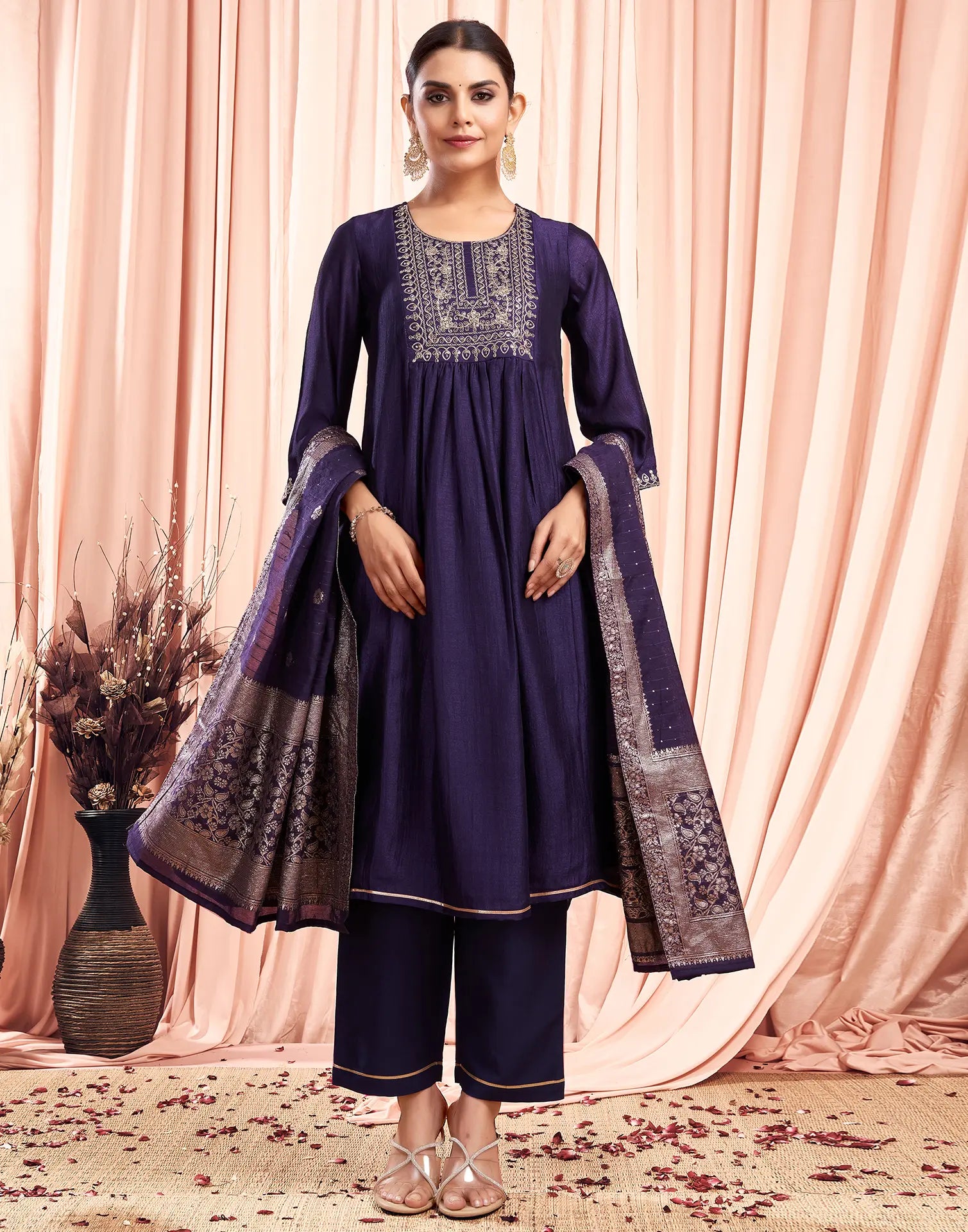 Silk Blend Embroidered A-Line 3 Piece Kurta Set