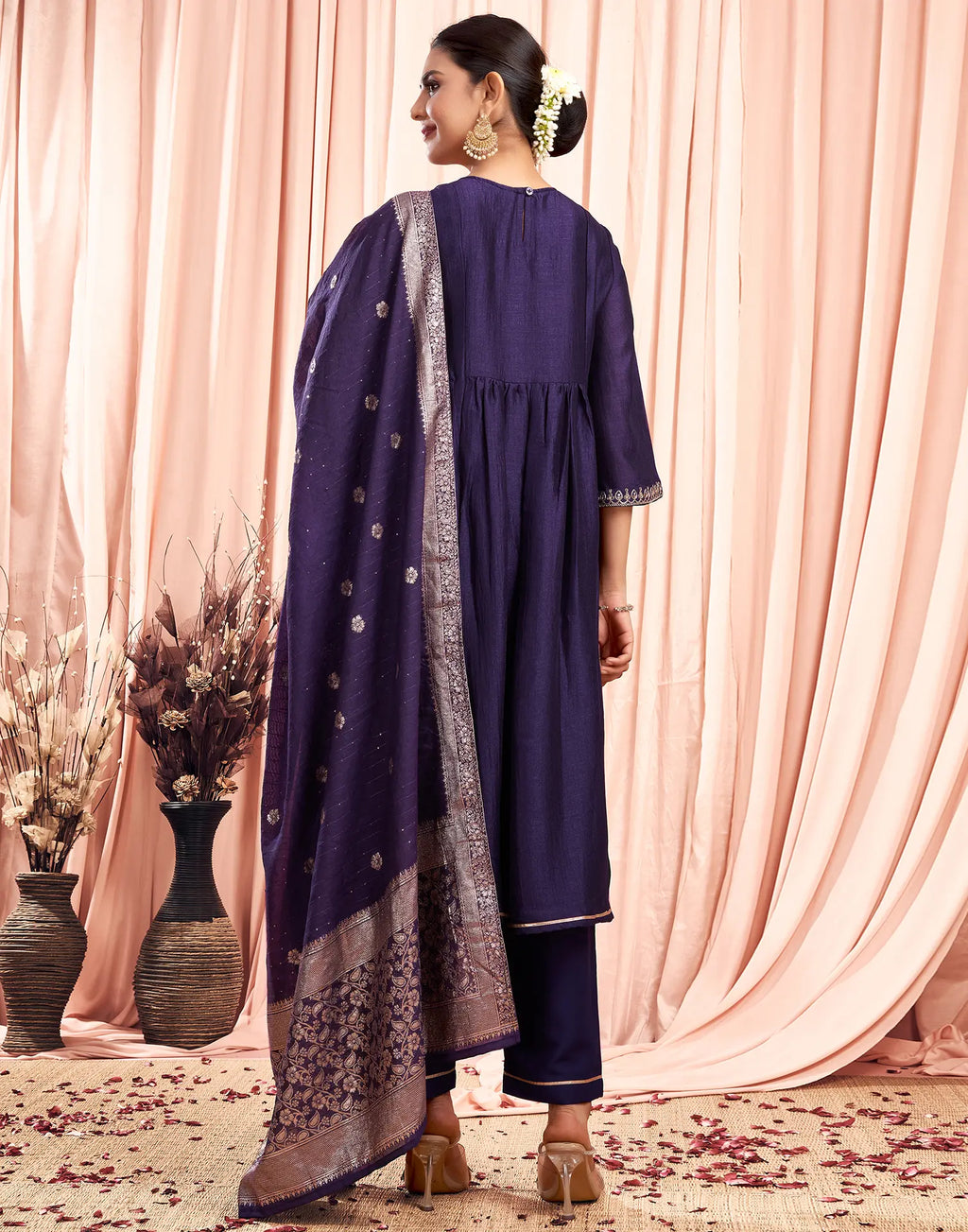 Silk Blend Embroidered A-Line 3 Piece Kurta Set