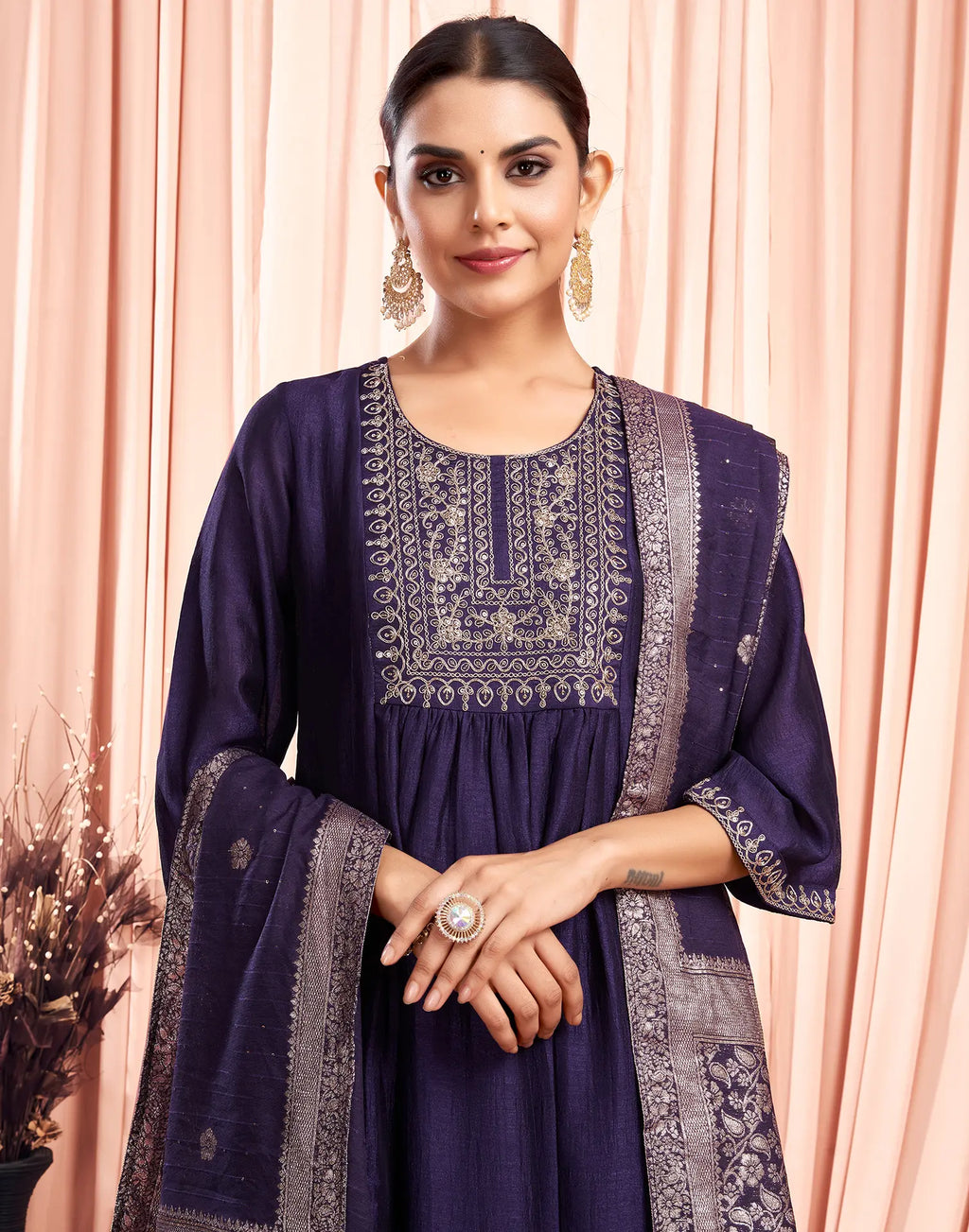 Silk Blend Embroidered A-Line 3 Piece Kurta Set