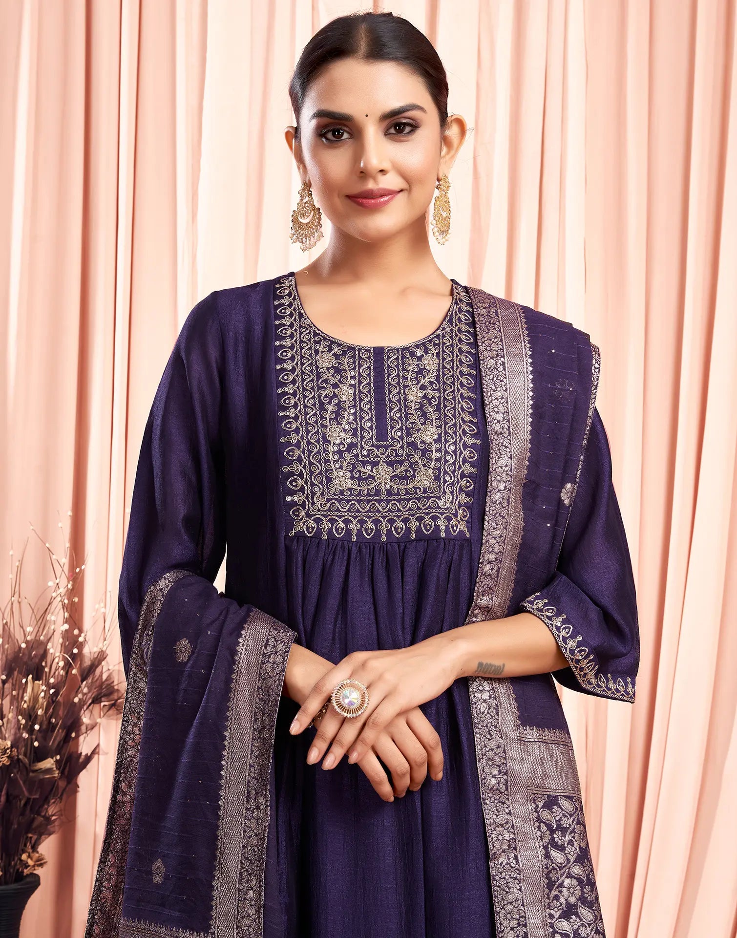 Silk Blend Embroidered A-Line 3 Piece Kurta Set