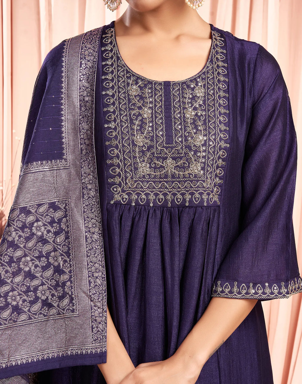 Silk Blend Embroidered A-Line 3 Piece Kurta Set
