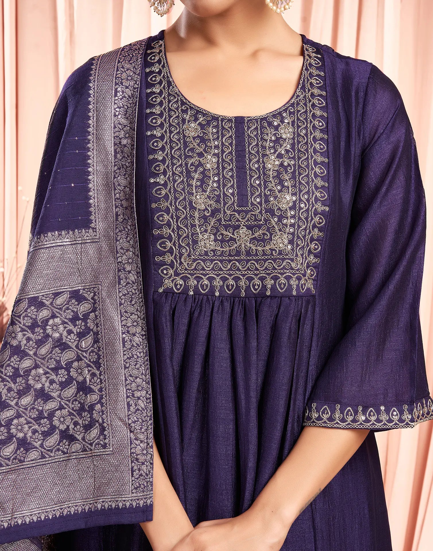 Silk Blend Embroidered A-Line 3 Piece Kurta Set