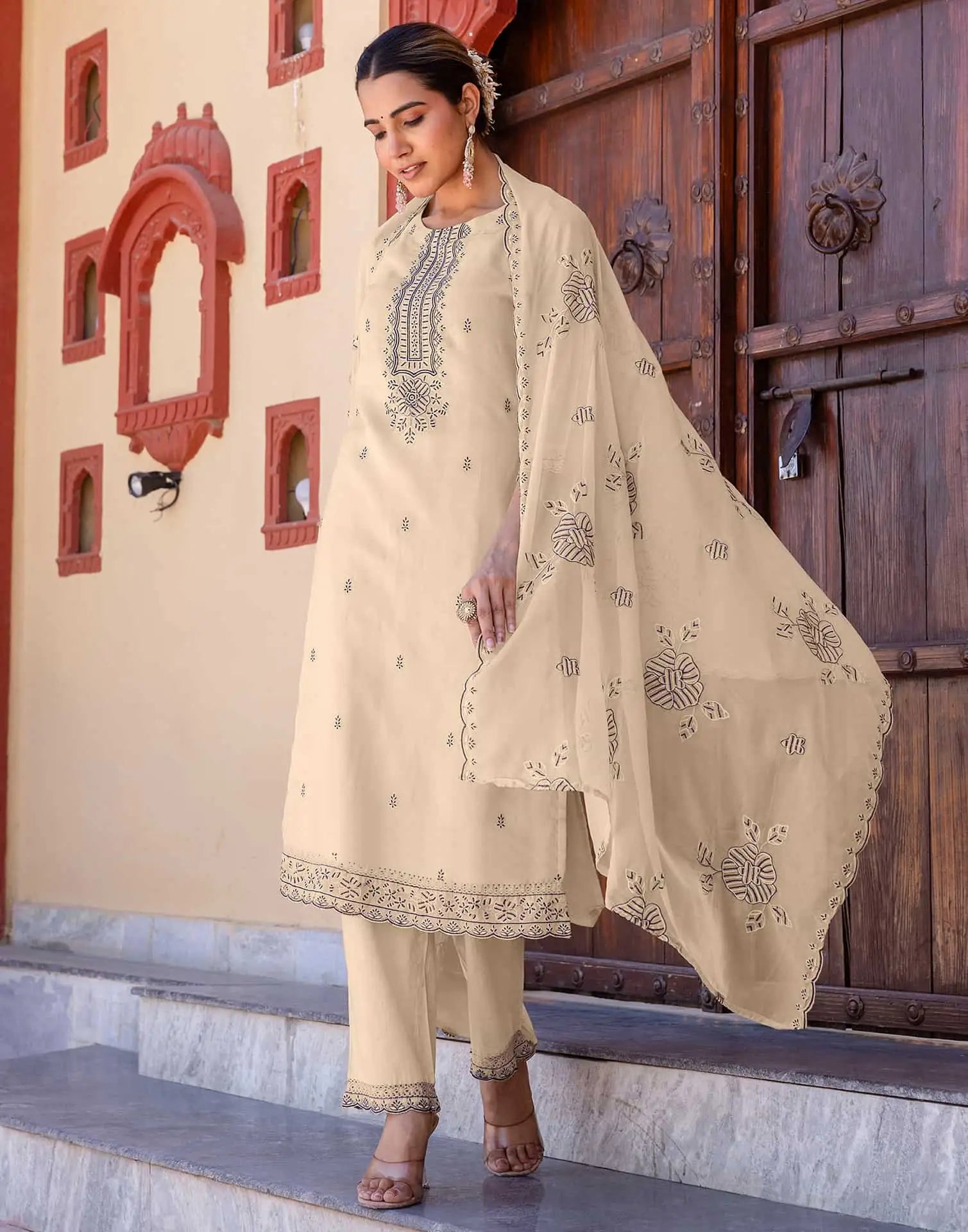 Beige Silk Embroidered and Sequins Work Straight Kurta Set with Pant & Dupatta for Women