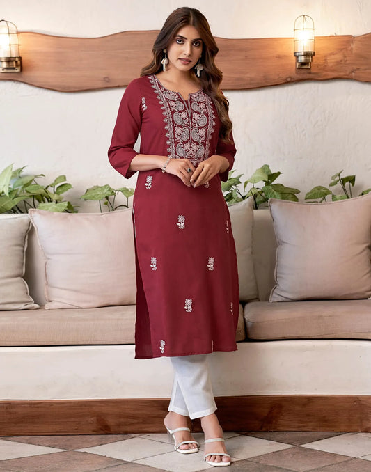 Cotton Embroidered Straight Kurti