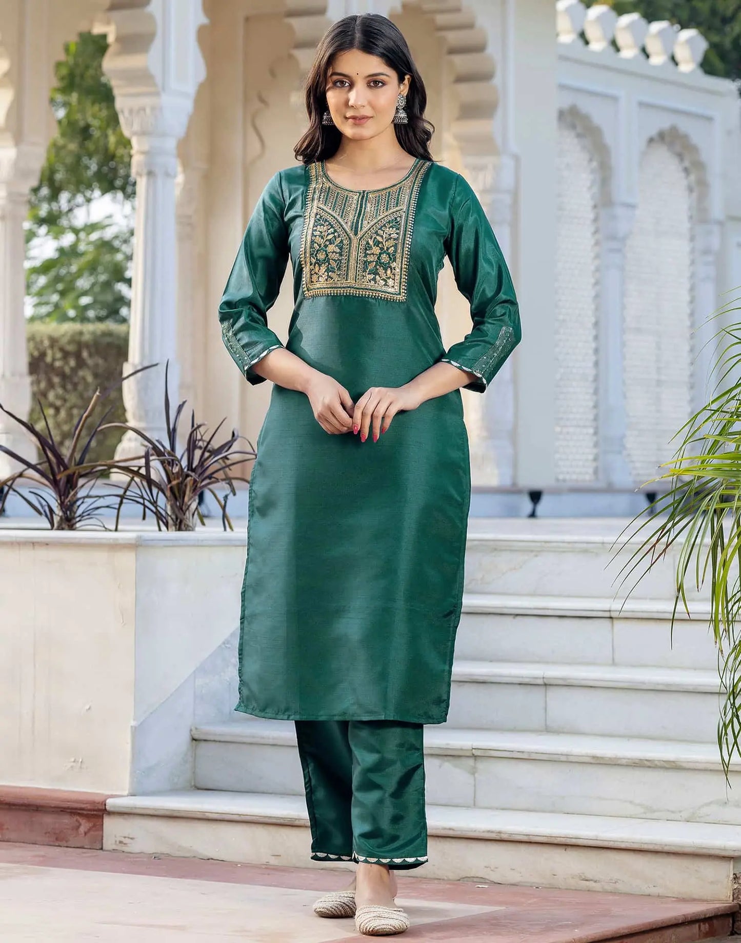 Silk Blend Embroidery and Sequins Work Straight Kurta with Pant & Dupatta