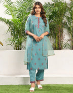 Cotton Blend Floral Print Straight 3 Piece Kurta Set
