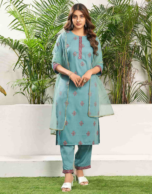 Cotton Blend Embroidered Straight Kurta with Pant & Dupatta