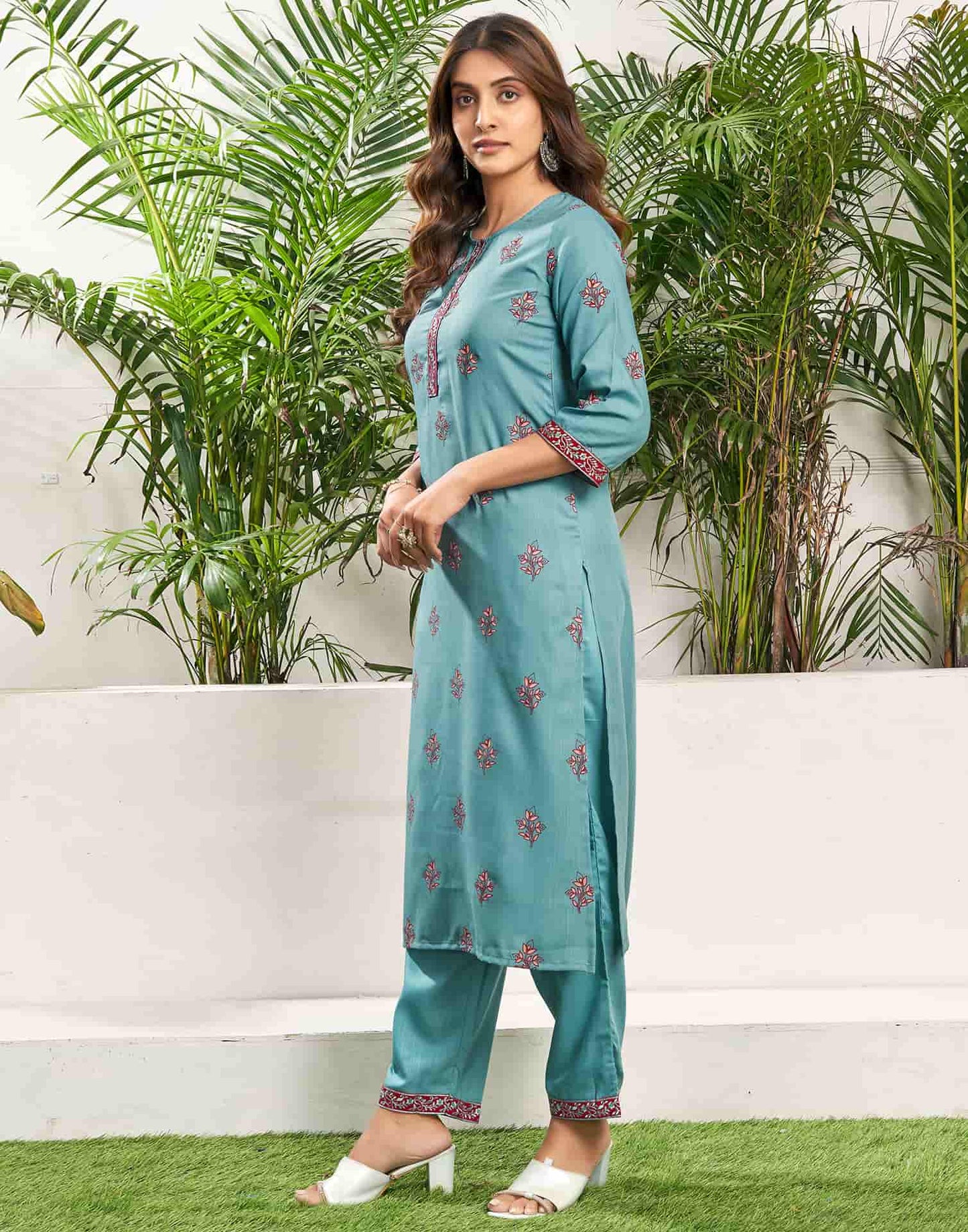 Cotton Blend Embroidered Straight Kurta with Pant & Dupatta