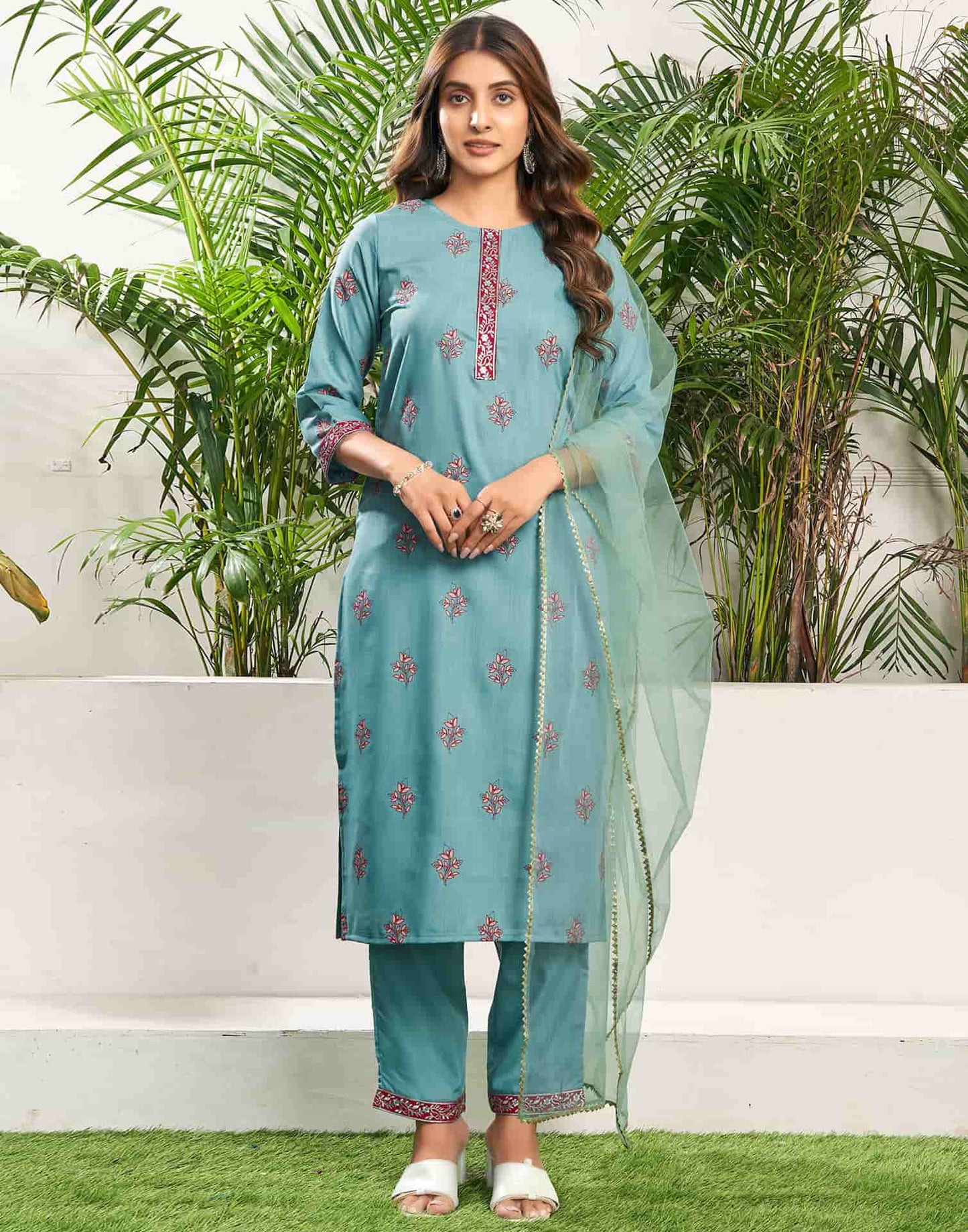 Cotton Blend Embroidered Straight Kurta with Pant & Dupatta