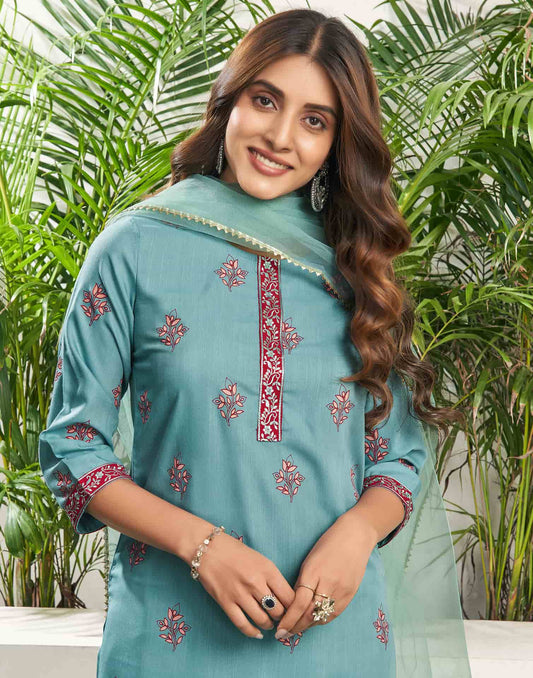Cotton Blend Embroidered Straight Kurta with Pant & Dupatta